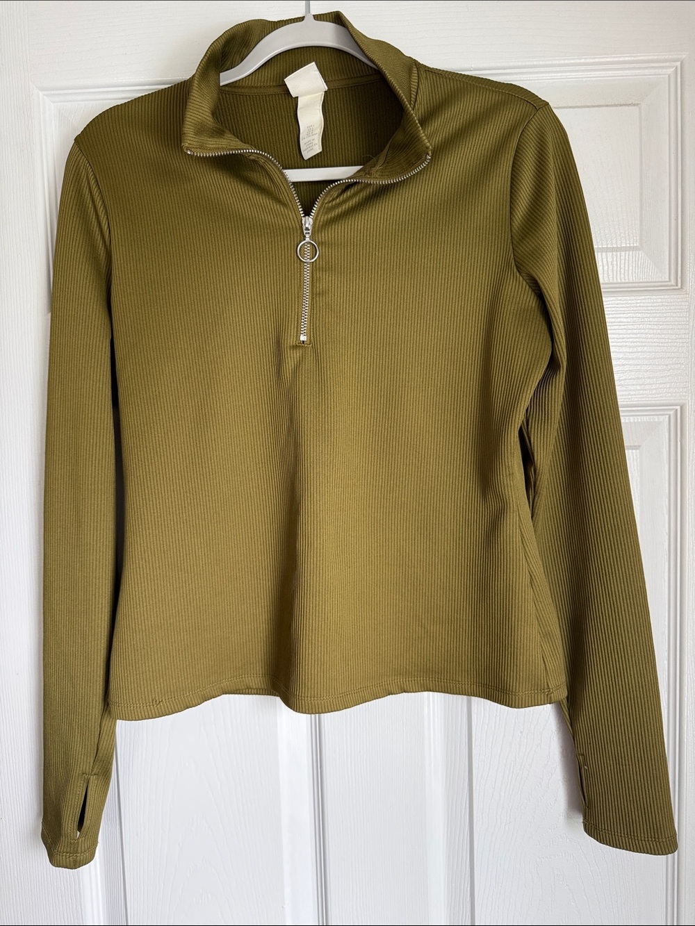 H&M Olive Green Quarter-Zip Ribbed Long-Sleeve Top